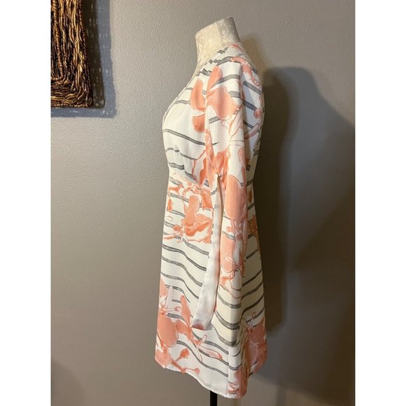 Halston Heritage Dress 6 Stretch Deep V Slit Sleeve Ivory Black Orange - Picture 7 of 8